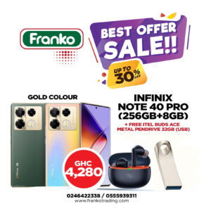 Infinix Note 40 (x6850) Pro (256gb+8gb) Gold color plus free Itel Buds Ace and Metal Pendrive 32GB (USB)