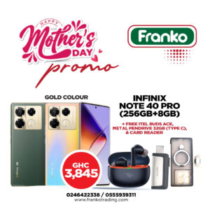 Infinix Note 40 (x6850) Pro (256gb+8gb) Gold color plus free Itel Buds Neo, Metal Pendrive 32gb (USB) and Card Reader Note 40