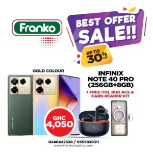 Infinix Note 40 (x6850) Pro (256gb+8gb) Gold color plus free Itel Buds Ace and Card Reader Note 40