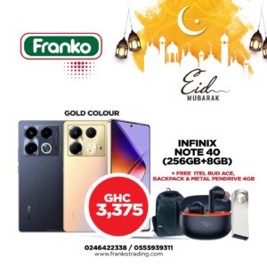 Infinix Note 40 (x6853) (256gb+8gb) Gold colour plus free Itel Bud Ace, Backpack and Metal Pendrive 4GB